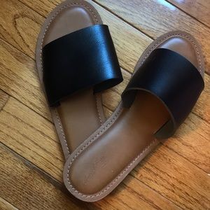 Black and Brown Faux Leather Slide Sandals
